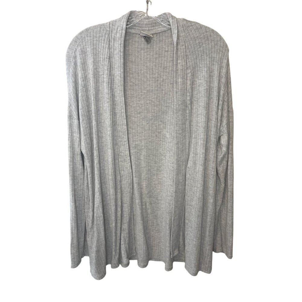 Womens Open Front Cardigan Sweater Light Gray Ribbed Knit Long Sleeve By A New D